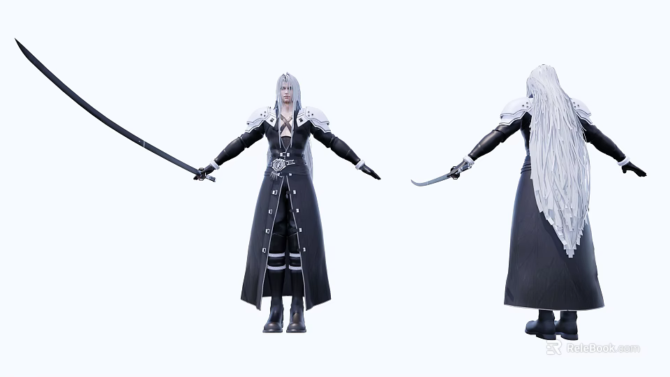 Game Movie Character With White Long Hair Black Robe Holding Long Sword Front Back Views 3d model 