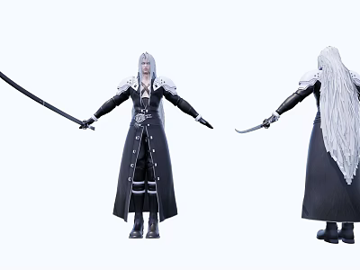 Game Movie Character With White Long Hair Black Robe Holding Long Sword Front Back Views 3d model