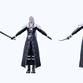 Game Movie Character With White Long Hair Black Robe Holding Long Sword Front Back Views 3d model