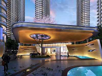 Modern High Rise Residential Entrance Gate With Curved Roof And Pool Landscaping 3d model