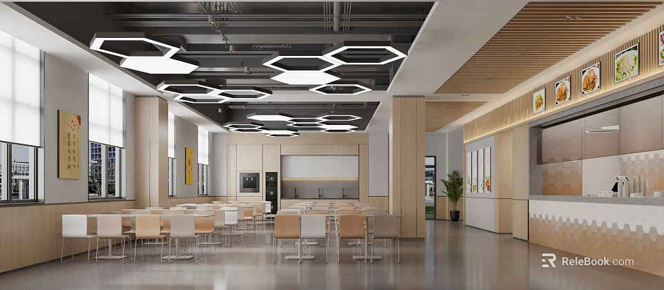 Modern Restaurant Interior With Hexagonal Pendant Lights Wooden Accents And Dining Tables 3d model 