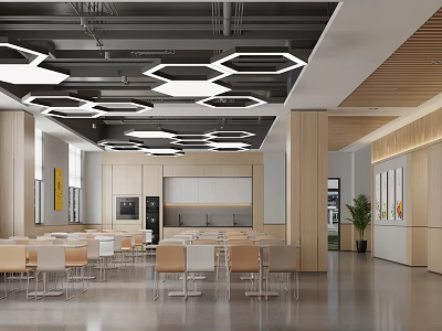 Modern Restaurant Interior With Hexagonal Pendant Lights Wooden Accents And Dining Tables 3d model