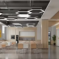 Modern Restaurant Interior With Hexagonal Pendant Lights Wooden Accents And Dining Tables