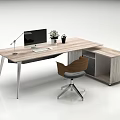Modern Wooden Desk And Chair Set With Computer Monitor Lamp Plant And Storage Cabinet