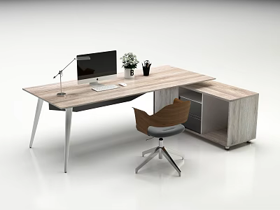 Modern Wooden Desk And Chair Set With Computer Monitor Lamp Plant And Storage Cabinet 3d model