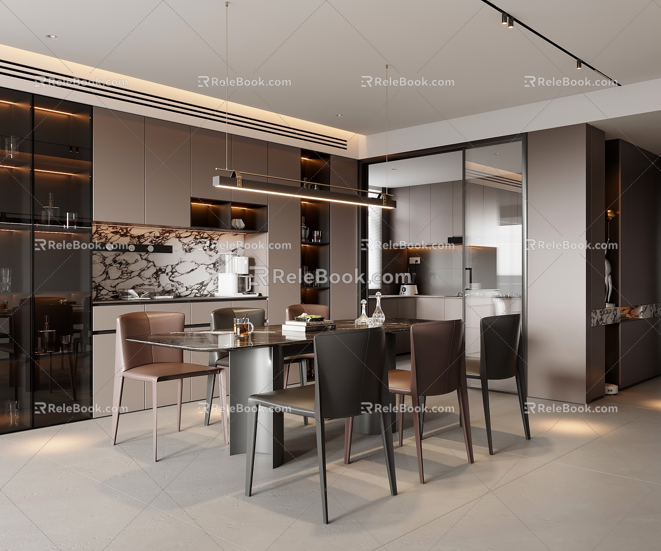 Italian Restaurant Dining Table and Chair Combination Sideboard Wine Cabinet Hallway Shoe Cabinet Kitchen Chandelier Leather Decorations 3d model