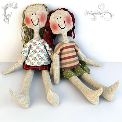 Two Soft Handmade Cloth Dolls In Floral Striped Shirts And Plaid Polka Dot Skirts 3d model