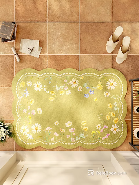 Green Decorative Rug With Floral Pattern And Scalloped Edge For Home Living Room 3d model 