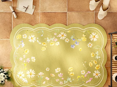 Green Decorative Rug With Floral Pattern And Scalloped Edge For Home Living Room 3d model