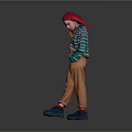 Stylish Outfit With Striped Sweater Orange Pants Red Headscarf Red Shoe On Gray Background