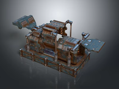 Industrial Mechanical Device With Vintage Metal Structure Pipes And Control Panels 3d model