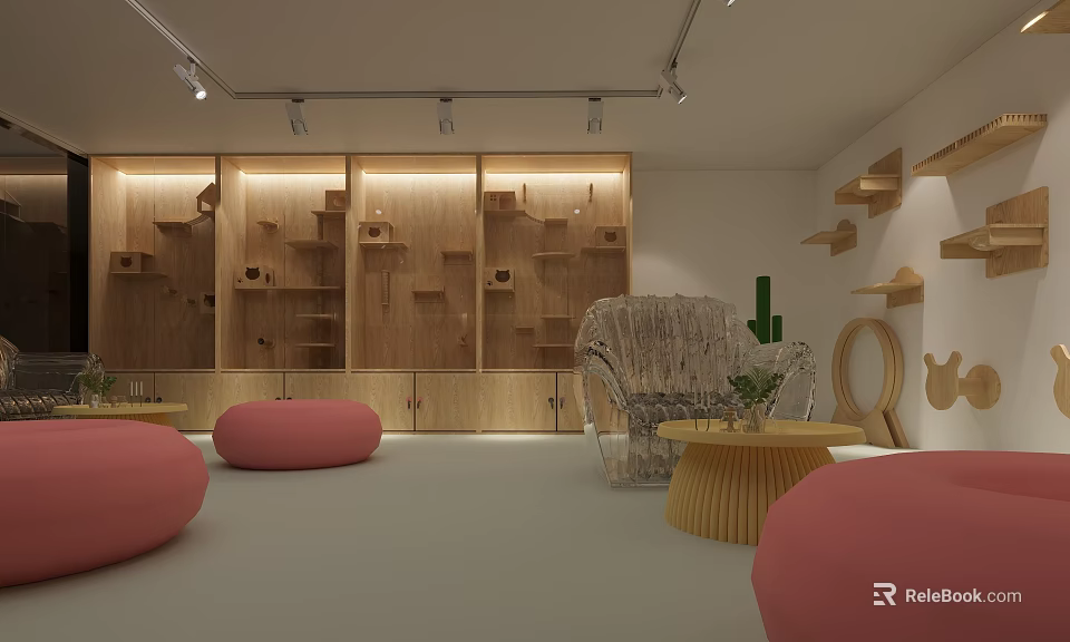 Cozy Modern Cafe Interior With Wooden Shelves Pink Bean Bags Woven Chair And Cactus 3d model 