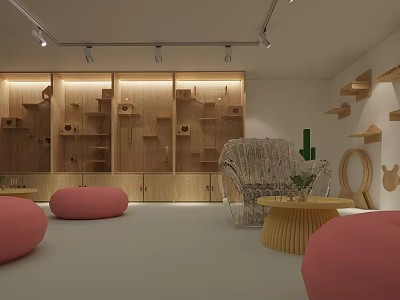 Cozy Modern Cafe Interior With Wooden Shelves Pink Bean Bags Woven Chair And Cactus 3d model