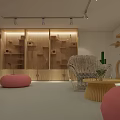 Cozy Modern Cafe Interior With Wooden Shelves Pink Bean Bags Woven Chair And Cactus