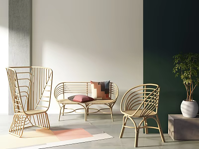 Modern Wicker Leisure Chairs in Living Space with Colored Walls Potted Plant and Soft Rug 3d model
