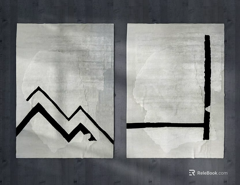 Minimalist Light Colored Square Rugs with Black Mountain and L Shaped Line Patterns 3d model