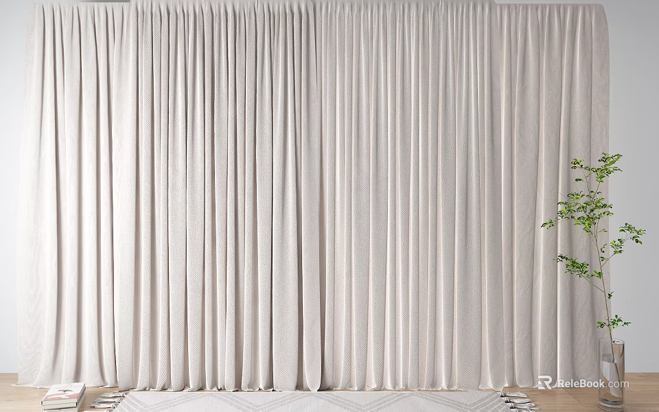 Elegant White Curtains with Thick Fabric Smooth Drape Green Plant Wooden Floor and Geometric Rug 3d model 