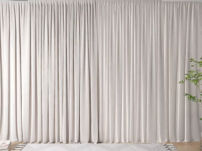 Elegant White Curtains with Thick Fabric Smooth Drape Green Plant Wooden Floor and Geometric Rug 3d model