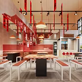 Modern Hot Pot Restaurant Interior With Red Decor And Seating 3d model