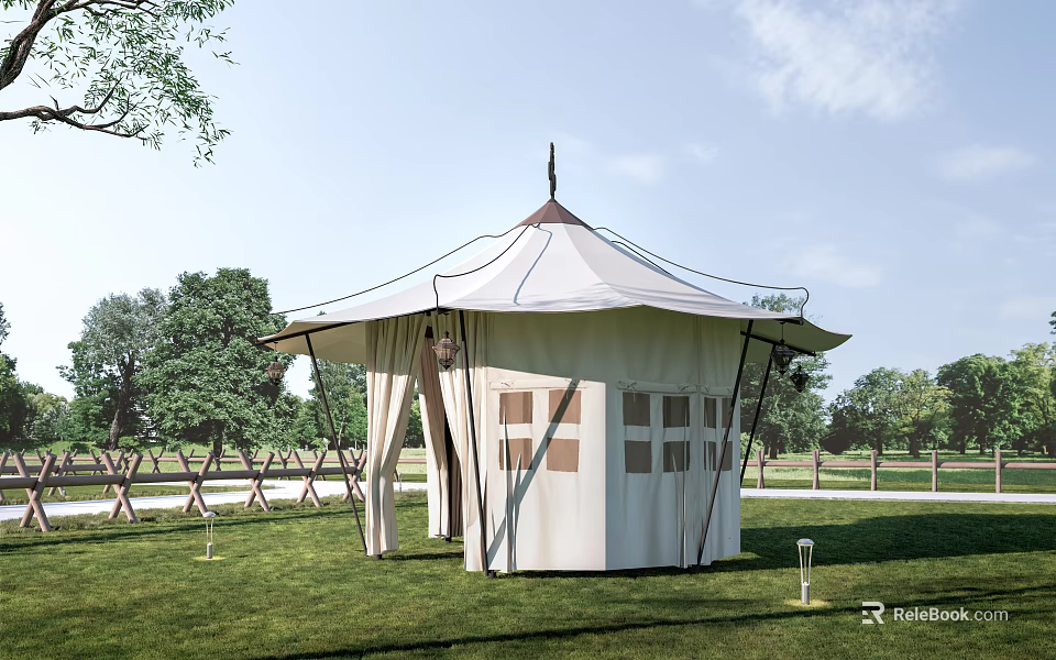 Outdoor White Tent Set In Green Grass Field With Trees And Fence 3d model 
