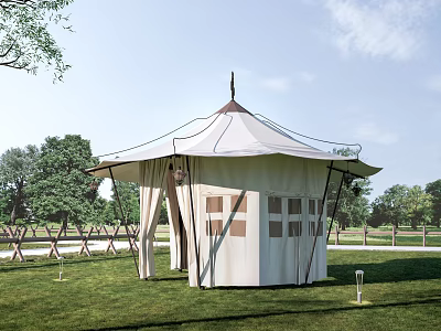 Outdoor White Tent Set In Green Grass Field With Trees And Fence 3d model