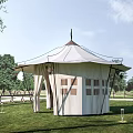Outdoor White Tent Set In Green Grass Field With Trees And Fence