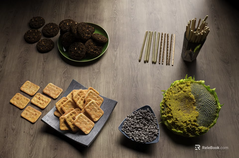 Assorted Cookies Sunflower Seeds And Sunflower Head On Wooden Table 3d model 
