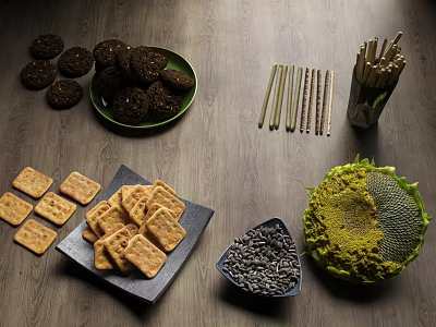 Assorted Cookies Sunflower Seeds And Sunflower Head On Wooden Table 3d model