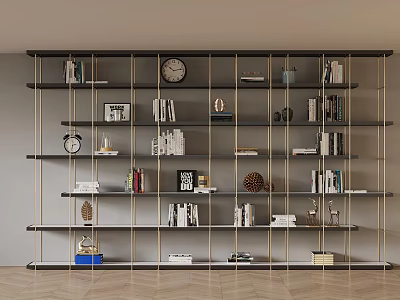 Modern Open Bookshelf With Metal Frame Shelves Holding Books Decorative Items And Clock 3d model