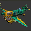 Colorful Turquoise And Yellow Vintage Airplane 3D Model With Detailed Cockpit And Propeller