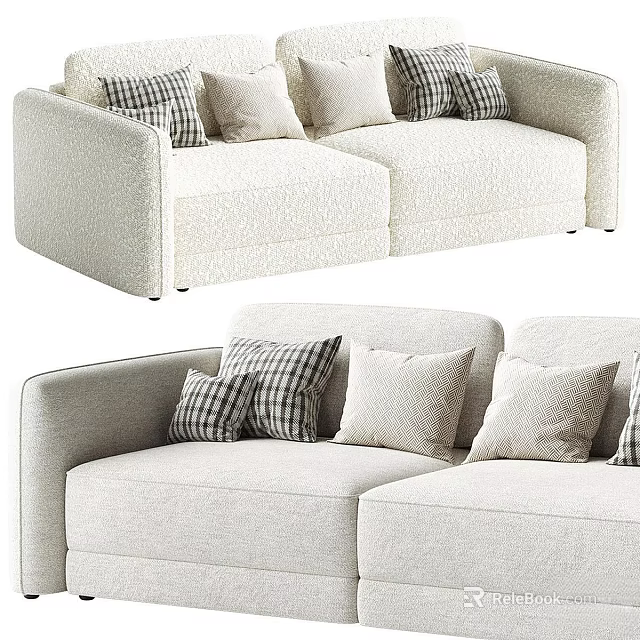Stylish Light Colored Double Sofa With Plaid And Solid Cushions 3d model