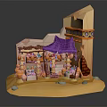 Cartoon Arabian Style Shop Scene With Purple Tent Tower And Clay Pots On Sandy Ground