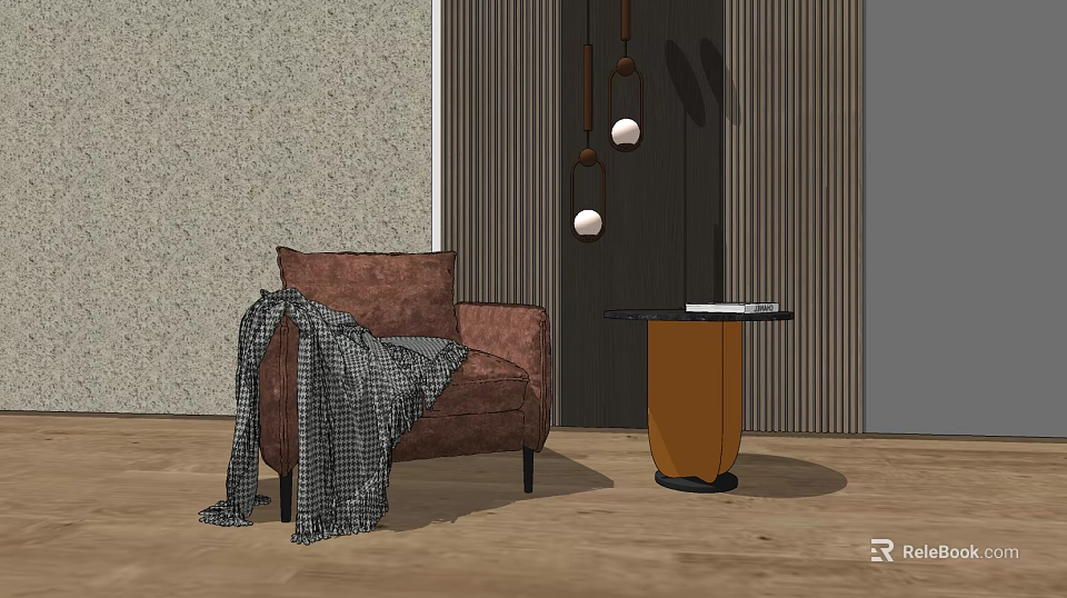 Brown Single Sofa With Plaid Blanket And Round Side Table Near Stone Texture Wall 3d model