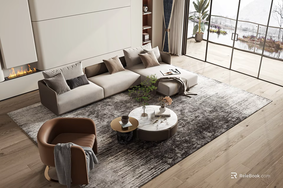 Modern Living Room Sofa Coffee Table Set With Accent Chair Throw Pillows And Area Rug 3d model 