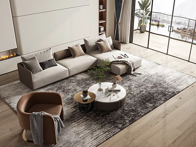 Modern Living Room Sofa Coffee Table Set With Accent Chair Throw Pillows And Area Rug 3d model