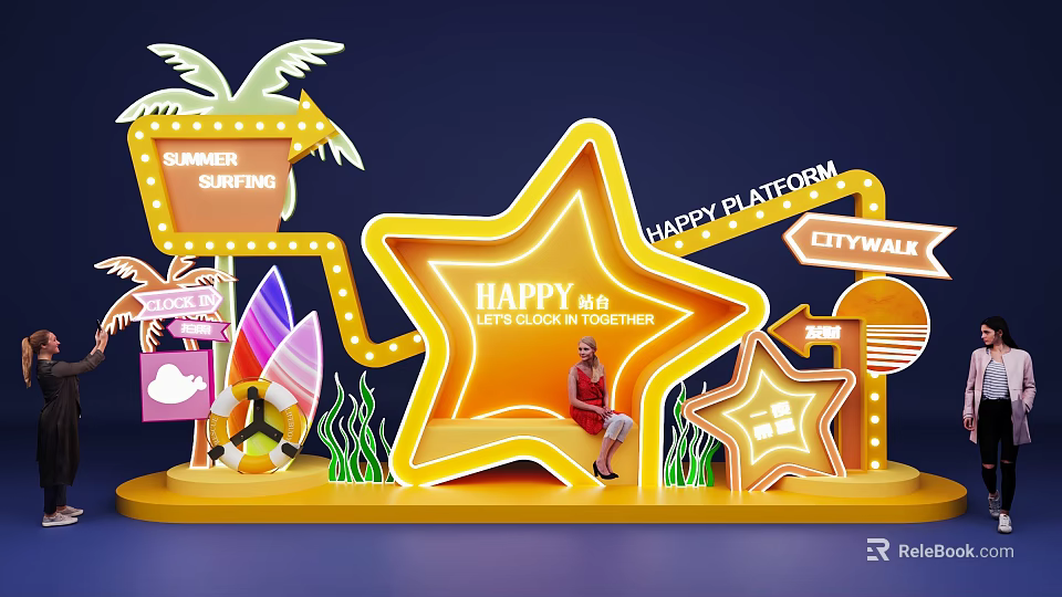 Vibrant Star Shaped Neon Photo Check in Spot With Happy Sign Surfboard and Palm Tree 3d model 