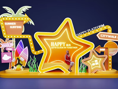 Vibrant Star Shaped Neon Photo Check in Spot With Happy Sign Surfboard and Palm Tree 3d model
