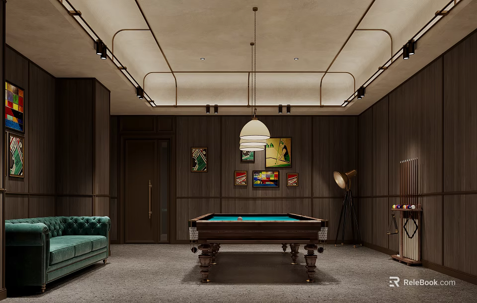 Stylish Billiard Room With Pool Table And Art Decor 3d model