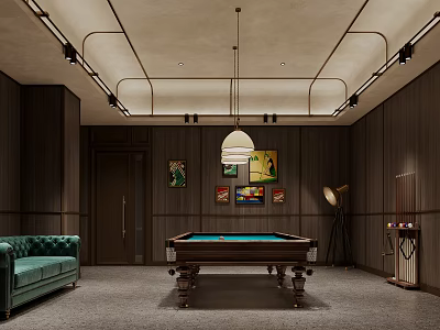 Stylish Billiard Room With Pool Table And Art Decor 3d model