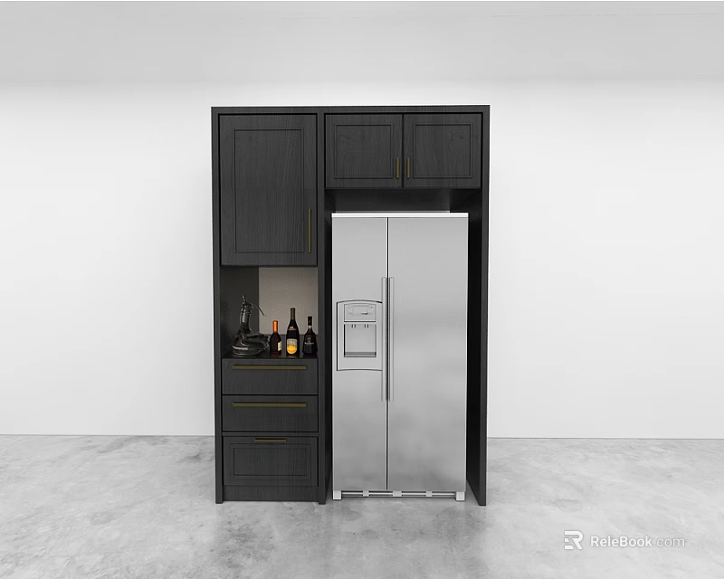 Modern Kitchen Interior Dark Cabinets With Stainless Steel Refrigerator And Wine Bottles 3d model 