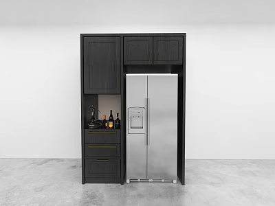 Modern Kitchen Interior Dark Cabinets With Stainless Steel Refrigerator And Wine Bottles 3d model
