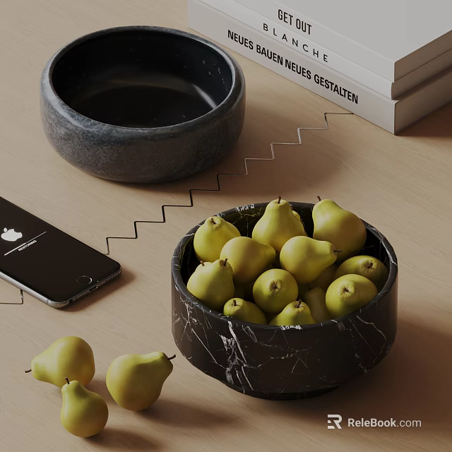 Ceramic Bowls With Marble Texture Holding Fresh Pears On Wooden Tabletop With Phone And Books 3d model 