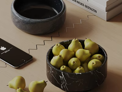 Ceramic Bowls With Marble Texture Holding Fresh Pears On Wooden Tabletop With Phone And Books 3d model