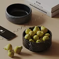 Ceramic Bowls With Marble Texture Holding Fresh Pears On Wooden Tabletop With Phone And Books
