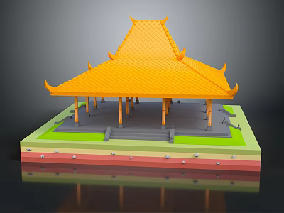 Cartoon Style Traditional Pavilion With Yellow Curved Eaves Roof Green Base And Clear Reflection 3d model