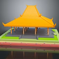 Cartoon Style Traditional Pavilion With Yellow Curved Eaves Roof Green Base And Clear Reflection