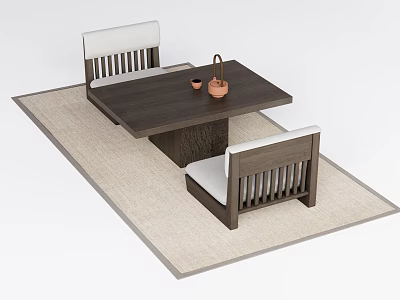 Minimalist Wooden Tea Table and Chairs with White Cushions on Neutral Rug and Decorative Items 3d model