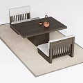 Minimalist Wooden Tea Table and Chairs with White Cushions on Neutral Rug and Decorative Items