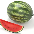Whole Fresh Watermelon with Green Rind Red Flesh Black Seeds and Sliced Piece