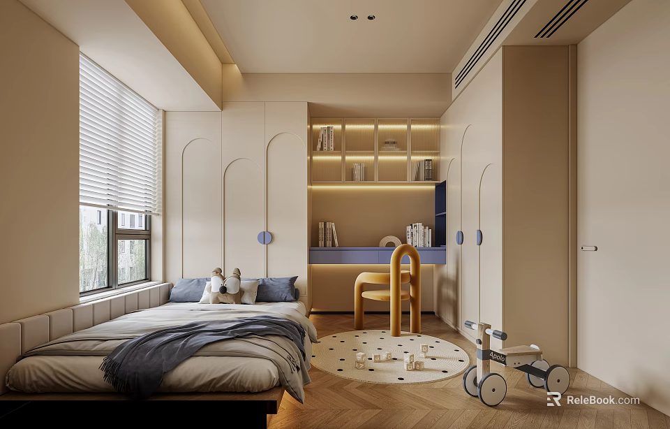 Bright Cozy Kids Room Interior With Bed Bookshelf Desk Chair Toy Car And Rug 3d model 